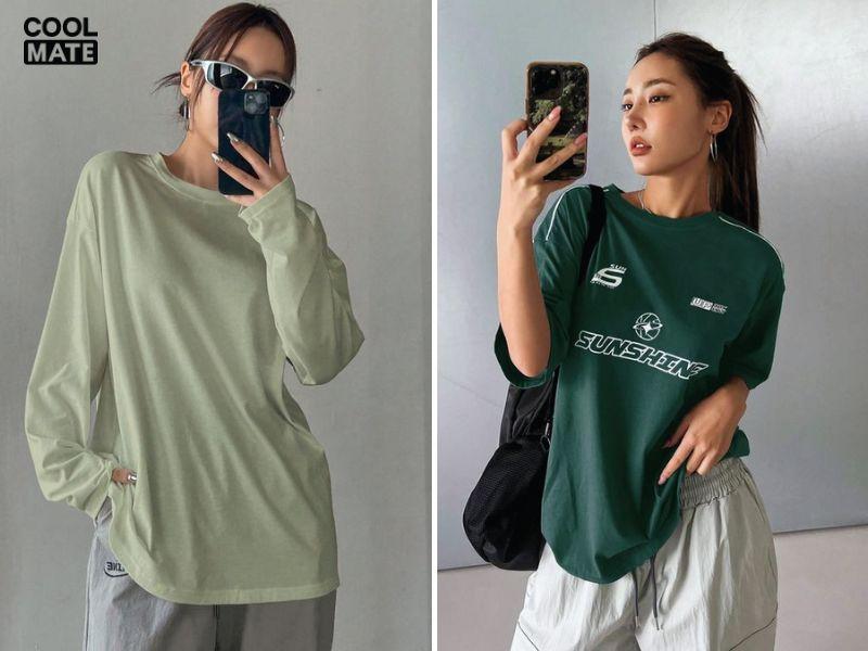 Quần xám đem lại vẻ đẹp thanh lịch cho áo thun xanh lá