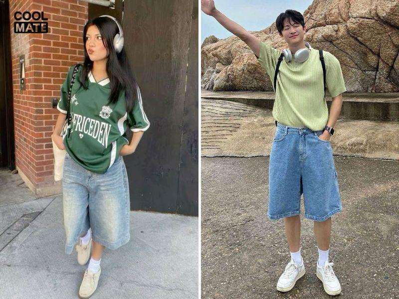 Áo thun xanh lá phối với quần short jean