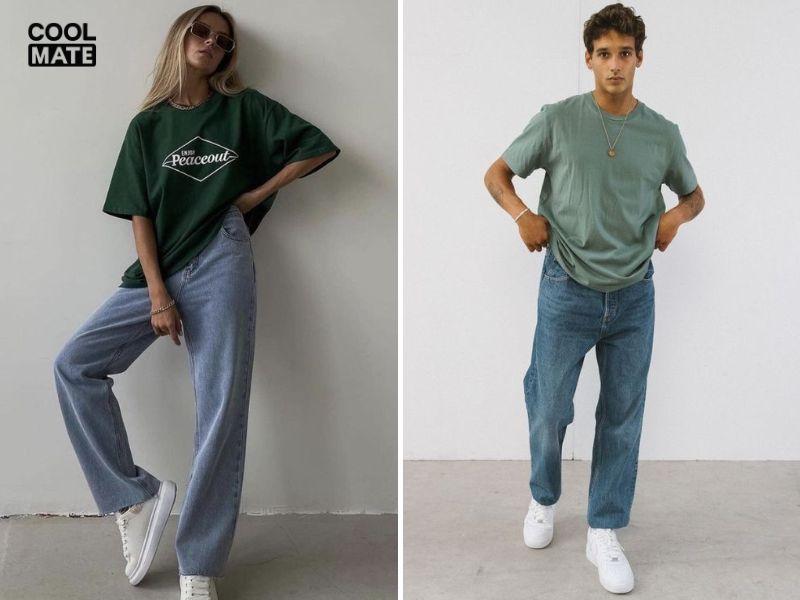 Áo thun xanh lá phối với quần jean