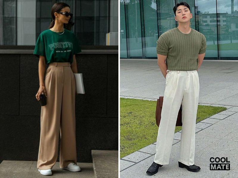 Áo thun xanh lá phối với quần tây ống rộng
