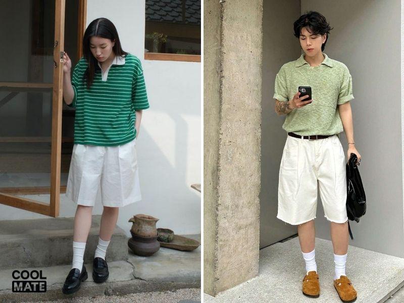 Áo thun xanh lá phối với quần kaki