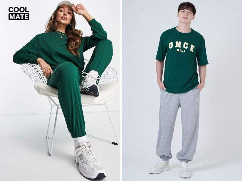 Áo thun xanh lá phối với quần jogger