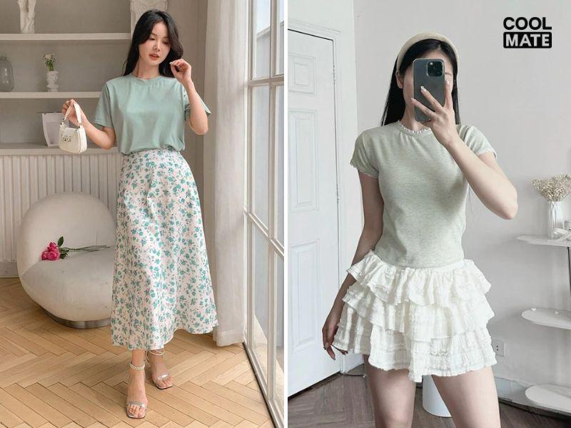 Áo thun xanh lá phối với chân váy hoa