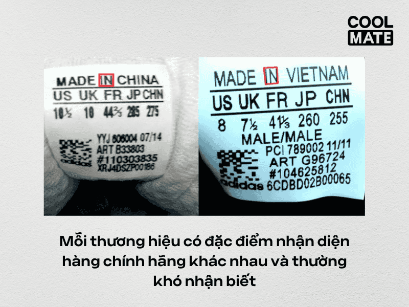 Mỗi thương hiệu có đặc điểm nhận diện hàng chính hãng khác nhau và thường khó nhận biết