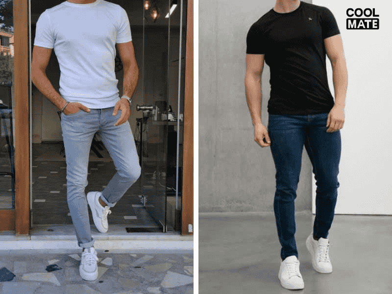 Combo quần jeans, &aacute;o ph&ocirc;ng v&agrave; sneaker