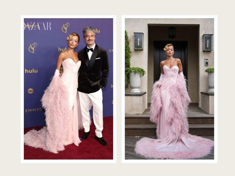 Rita Ora lộng lẫy trên thảm đỏ Emmy lần thứ 76 trong bộ váy sắc hồng phấn
