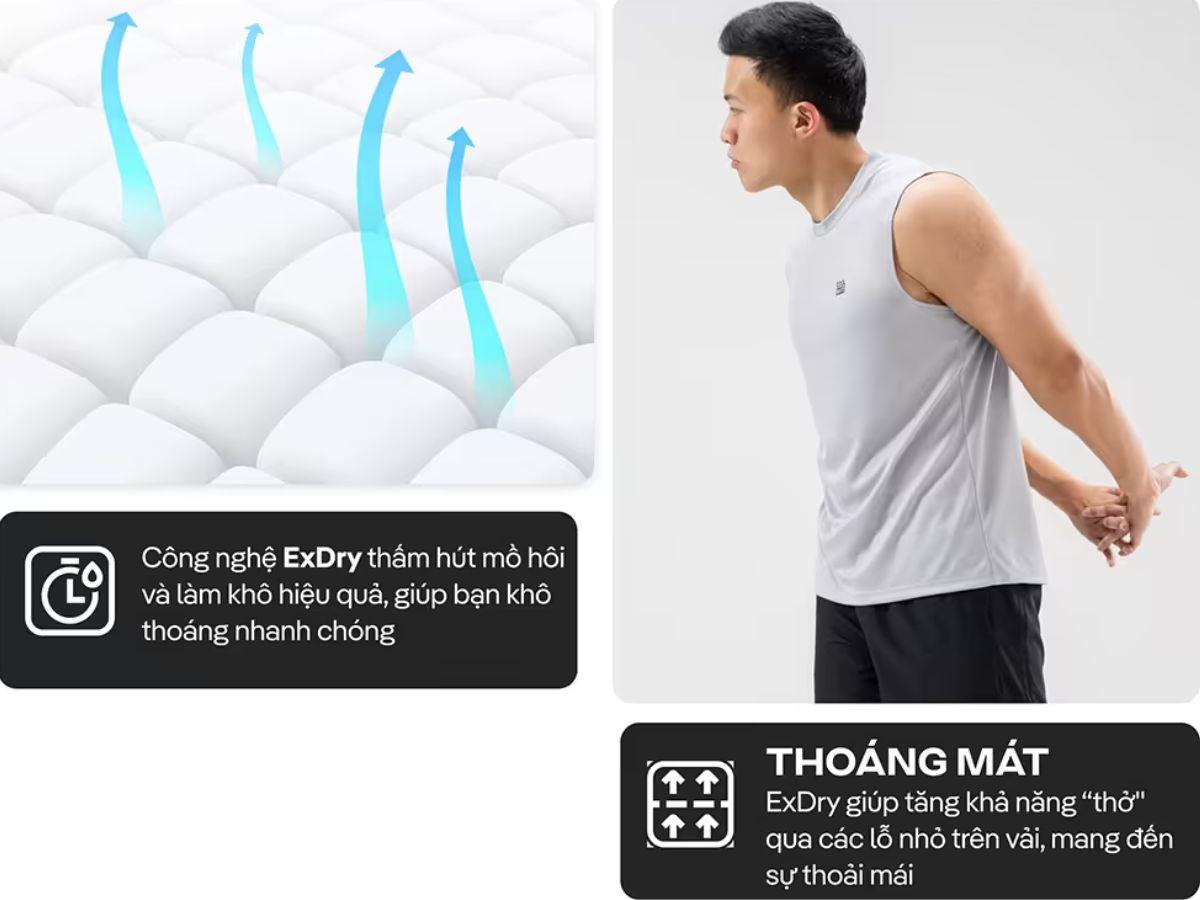 Công nghệ Ex-dry giúp cho áo thấm hút và làm khô mồ hôi cực nhanh