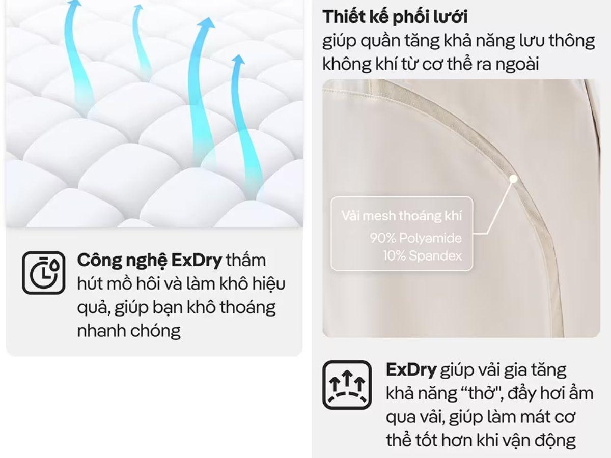 Sử dụng công nghệ ExDry giúp quần thấm hút mồ hôi tốt và nhanh khô