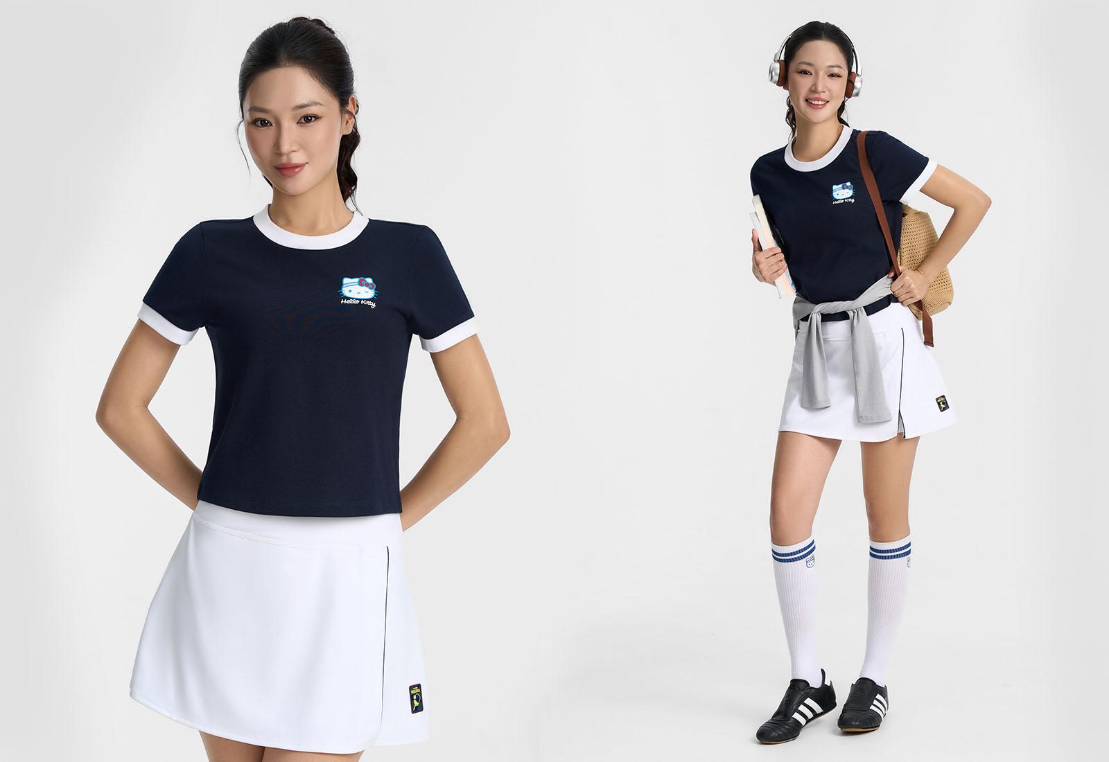 Áo thun cotton Slim Fit phối bo viền Kitty is Winking