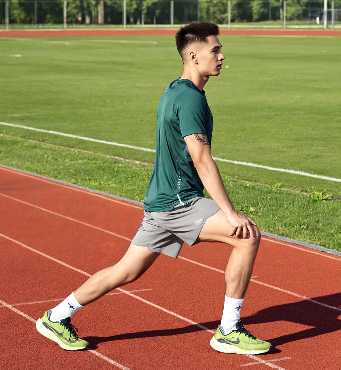 Runner in starting position wearing purple shirt