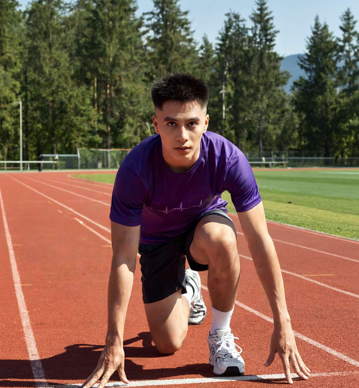 Runner in motion wearing grey shirt