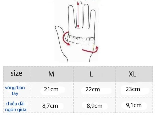Bảng đo size tay khi mua găng tay xe máy