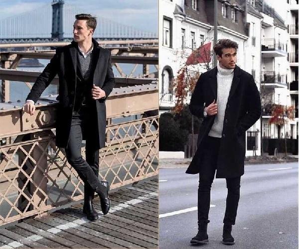 Áo khoác dài sang trọng kết hợp giày bốt nam
