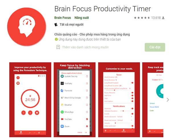 Brain Focus Productivity Timer – áp dụng phương pháp Pomodoro dễ dàng hơn