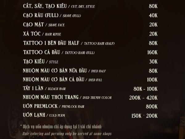 Bảng giá dịch vụ tại Liêm barber shop