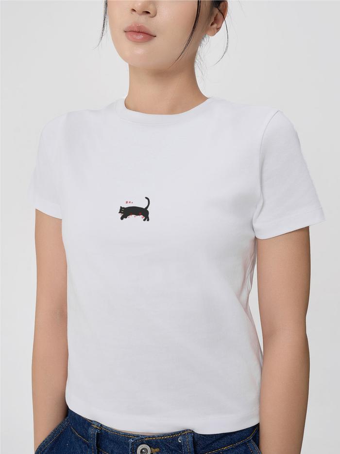 Áo thun nữ Baby Tee 100% Cotton Mèo lười - undefined